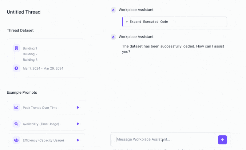 Workplace assistant interface showing occupancy intelligence data with prompts for analyzing space efficiency and usage trends.