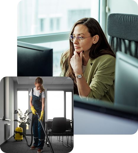 Facility manager in a bright modern office holding a tablet to inspect floor space