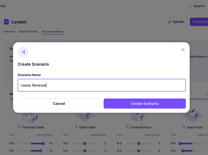 Side-by-side comparison chart analyzing various lease options and spatial utilization metrics