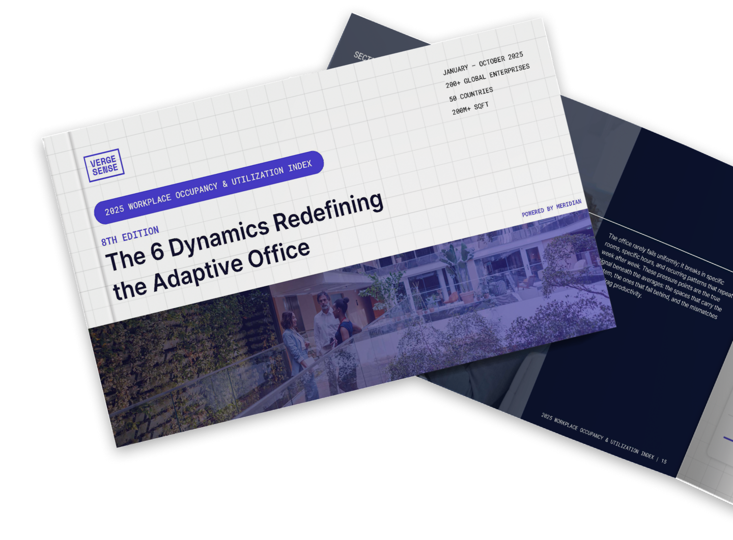 The 6 Dynamics Redefining the Adaptive Office' with charts and office photos, and the bottom one is white with analysis details, both from VergeSense.