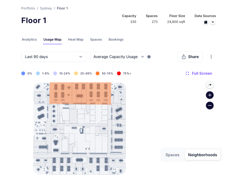 Interactive floor map showing team desk allocations and department seating boundaries