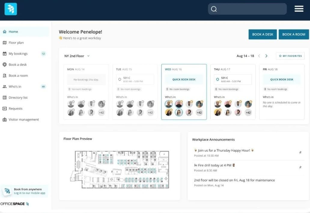 OfficeSpace workplace app with desk booking calendar, floor plan, colleague directory, and announcements