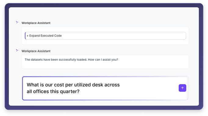 Interface showing a natural language prompt comparing desk usage in the marketing department alongside a peak occupancy bar chart highlighting usage trends