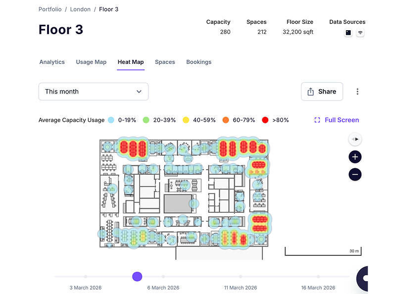 Floor plan visual overlay displaying active zones and quiet areas using color-coded heatmaps