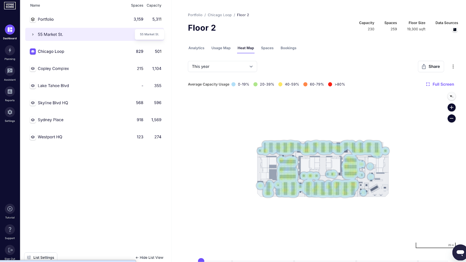 VergeSense occupancy analytics dashboard showing floor heatmap.