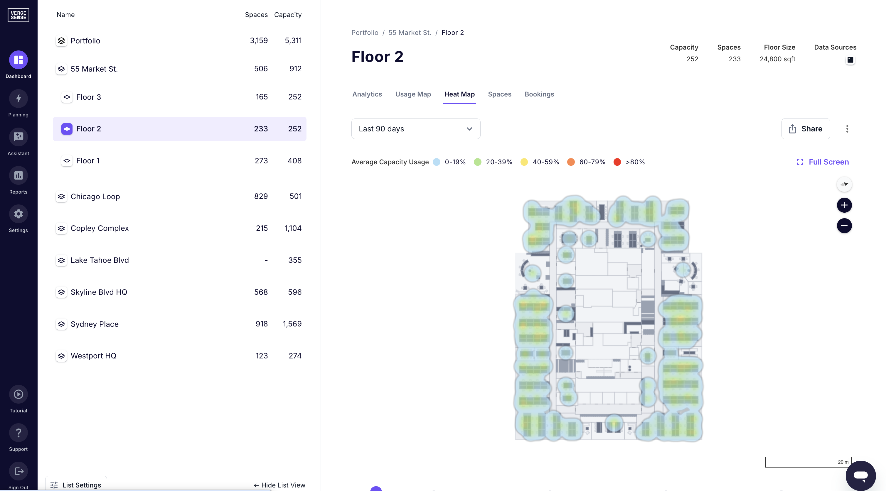 VergeSense occupancy analytics dashboard showing floor heatmap.