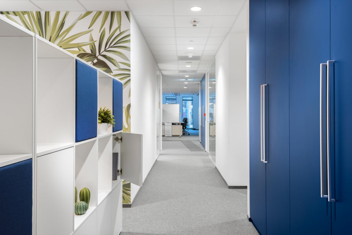 A bright and open hallway at Fresenius with cubbies