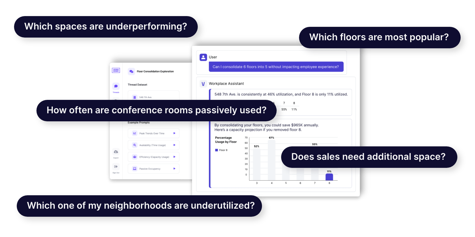 Workplace Assistant example, showing different types of questions you can ask