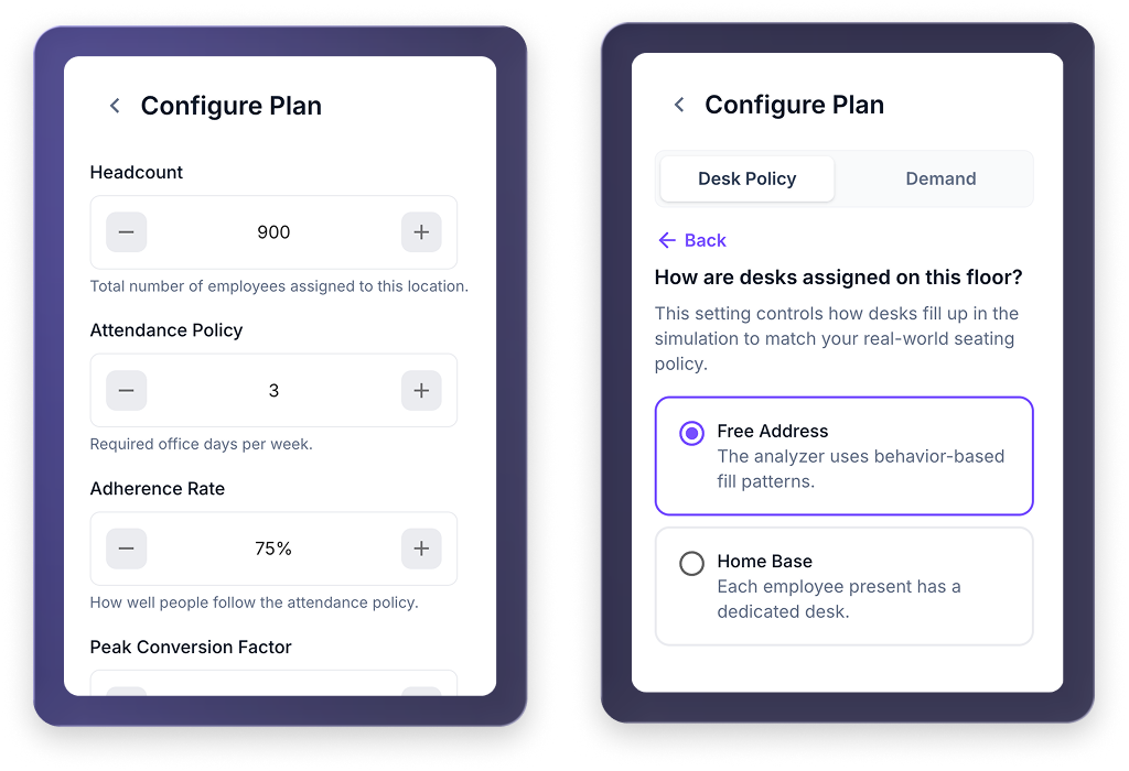 Interface mockup showing space scenario modeling and predictive workplace planning