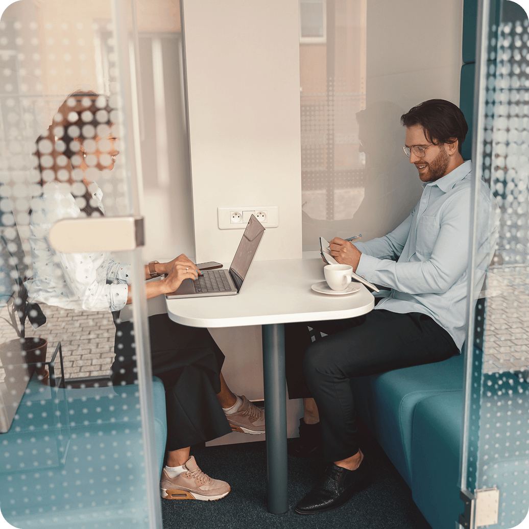 Quiet office area with phone booths and single-person focus spaces