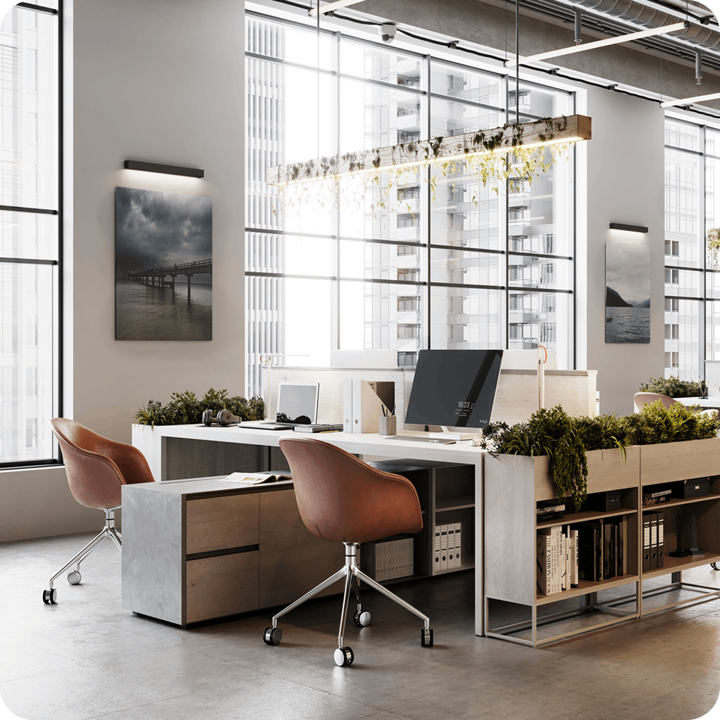 Spacious corporate office layout showcasing flexible work desks and seating areas Spacious corporate office layout showcasing flexible work desks and seating areas