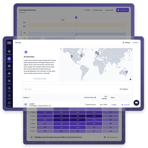 Stylized graphic showing data integration and API signals within the Meridian platform