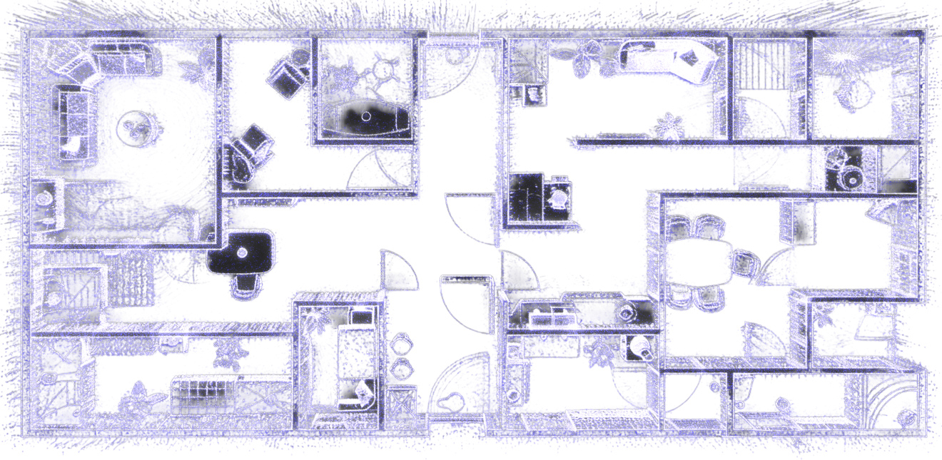 Blueprint architectural floorplan rendering of an office space overlaid with glowing spatial network lines and data nodes, representing the Large Spatial Model API integration.