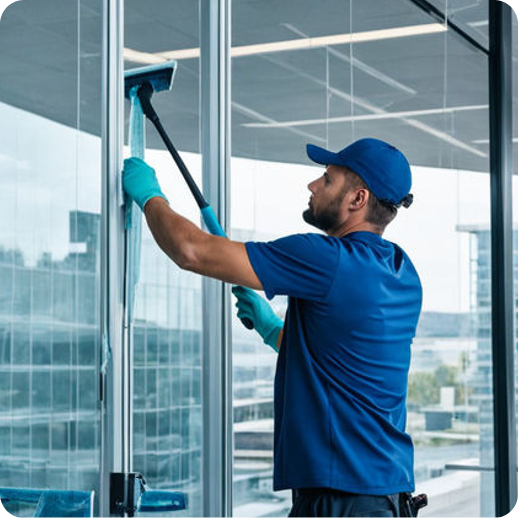 A male cleaning professional in a blue uniform and cap using a floor scrubbing machine to clean glass panels and carpeted office flooring.