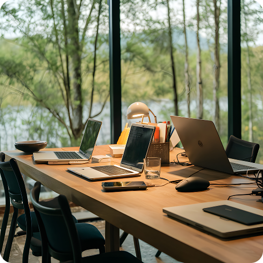 Modern open plan office interior with empty wooden desks and office chairs
