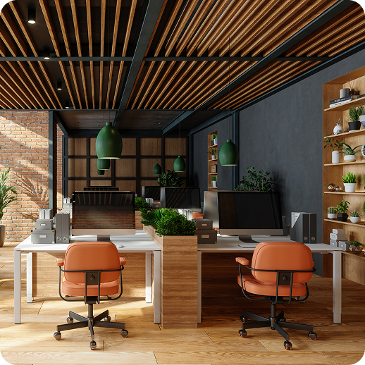 Workplace area showing collaborative seating arrangements and modern interior design