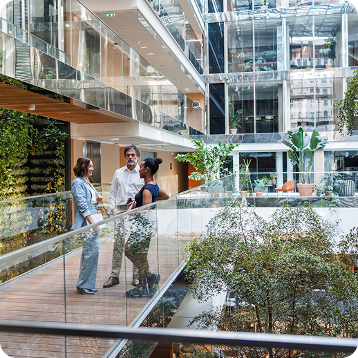 Bright contemporary office space with workstations and large windows