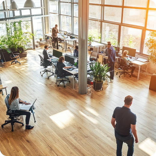 A vibrant, well-utilized collaborative conference space filled with employees working together.