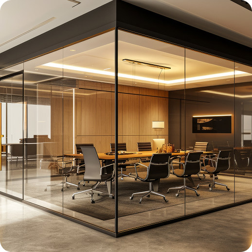 An office floor showing workspaces and modern building interiors.