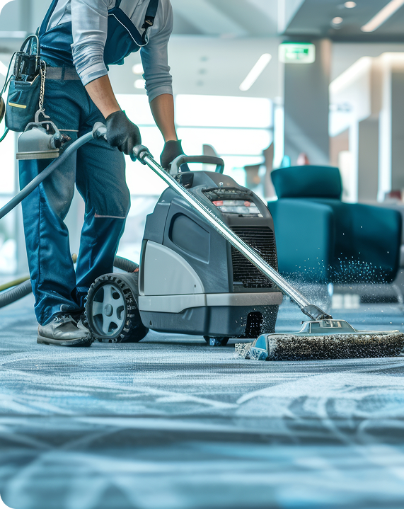 A cleaning professional using a floor scrubbing machine on a carpeted office floor.