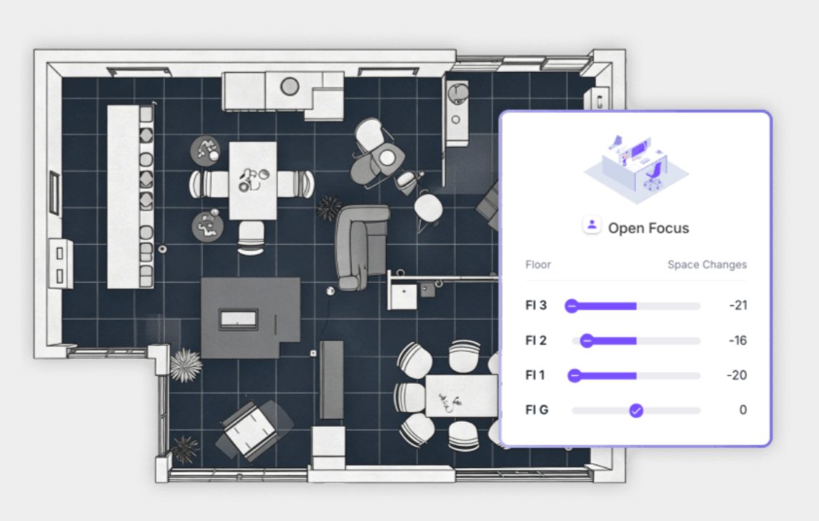 Office floor plan with space planning controls showing layout adjustments and capacity changes across floors