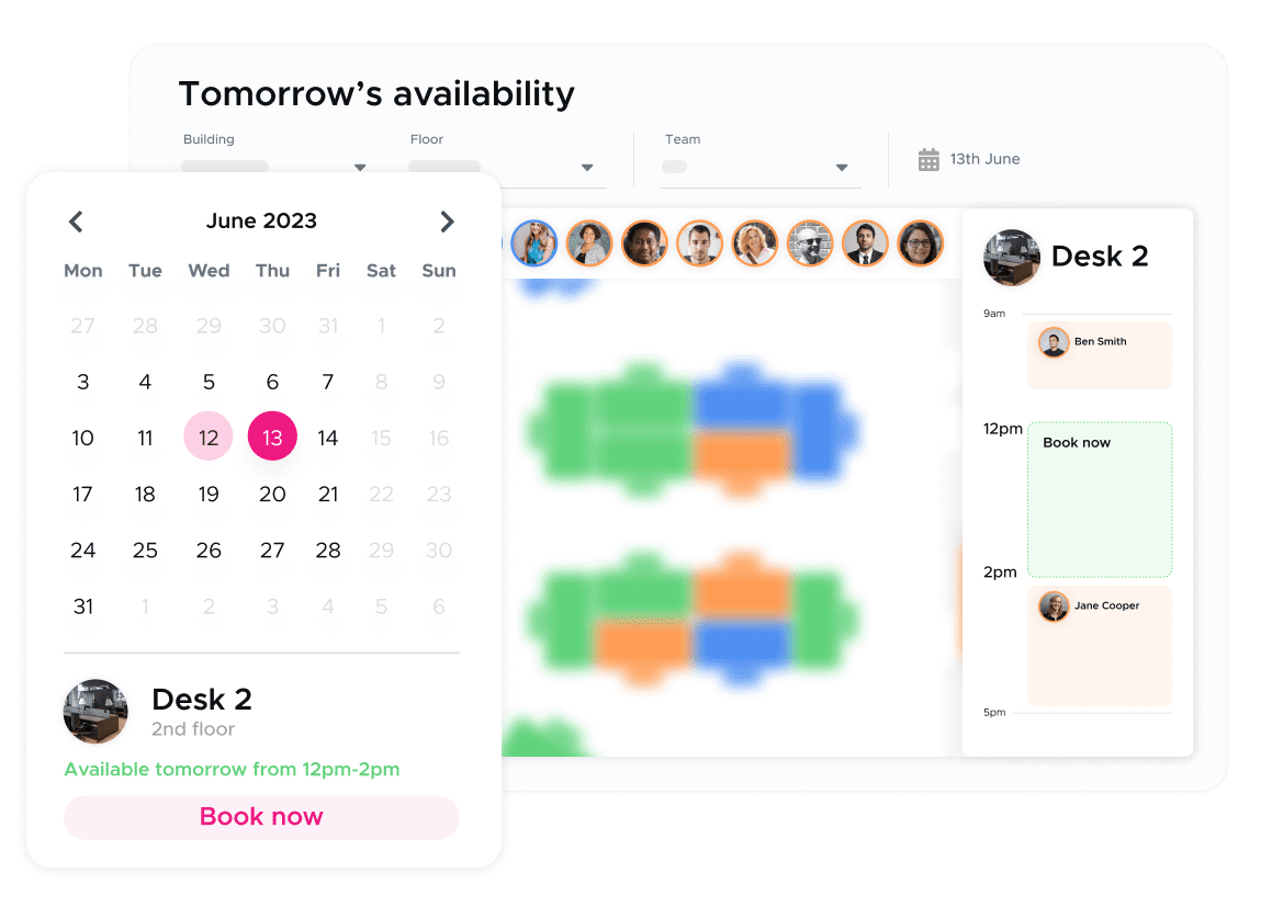 Kadence hybrid scheduling view showing team attendance and desk bookings.