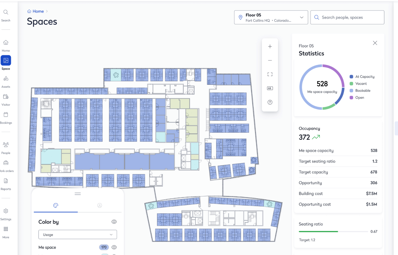 Eptura workplace platform showing floor plan and key metrics