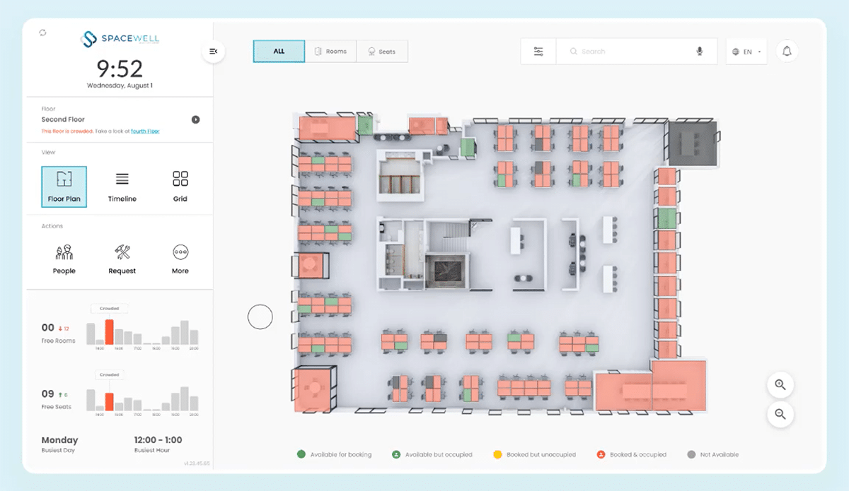 Spacewell interactive floorplan with real-time occupancy data.