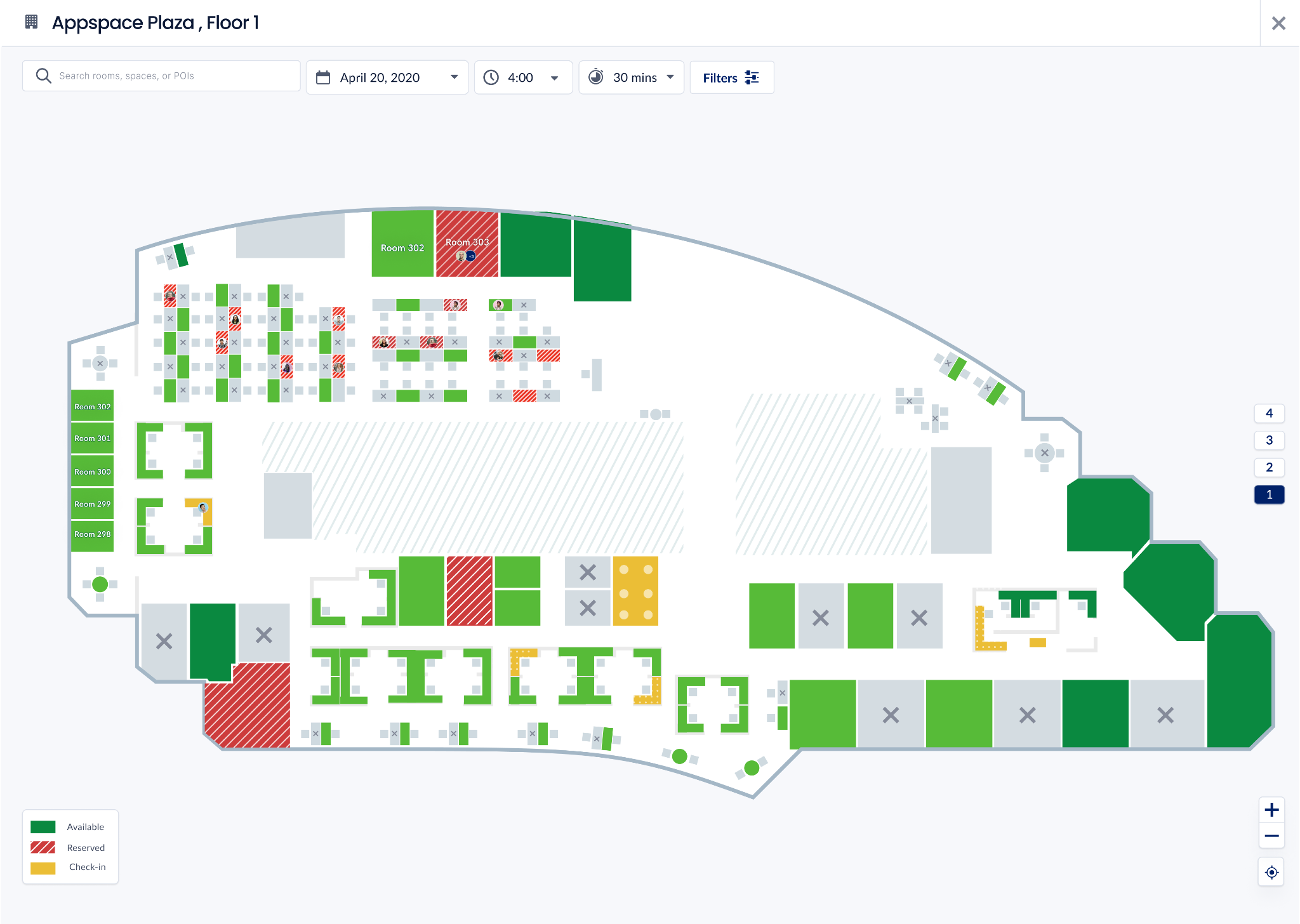 AppSpace interface showing a live office map with bookable rooms and desks.
