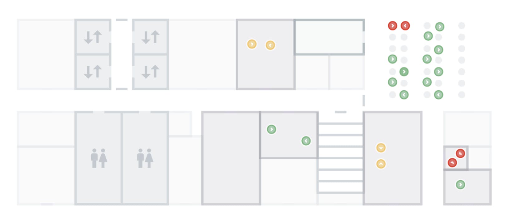 The floor map view illustrated where instances of safe social distancing and unsafe spacing are taking place.