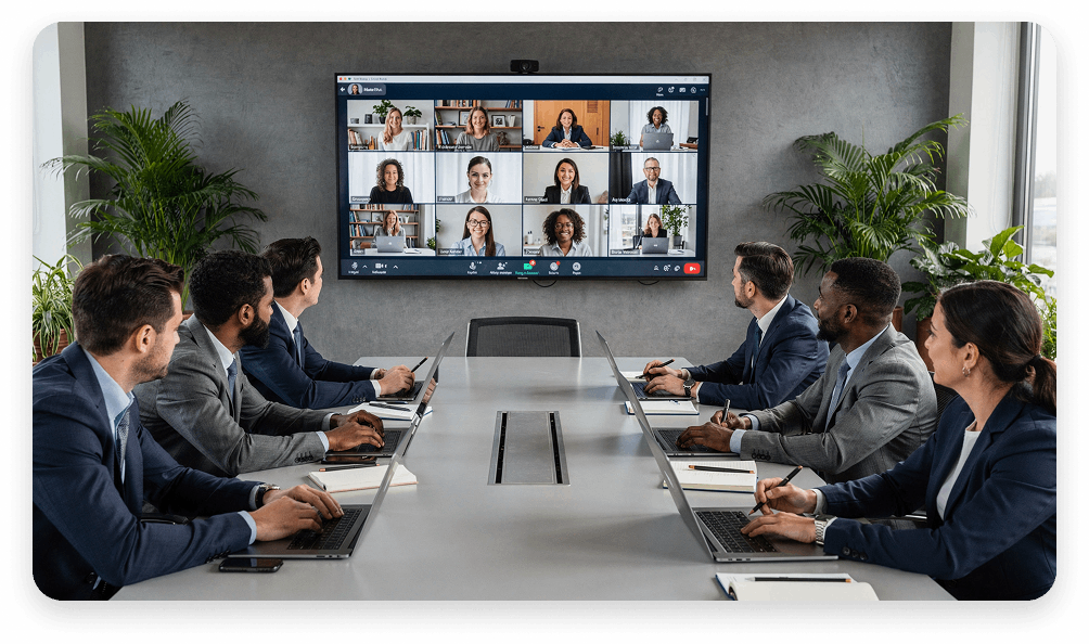 Team is attending the video conference in the meeting room